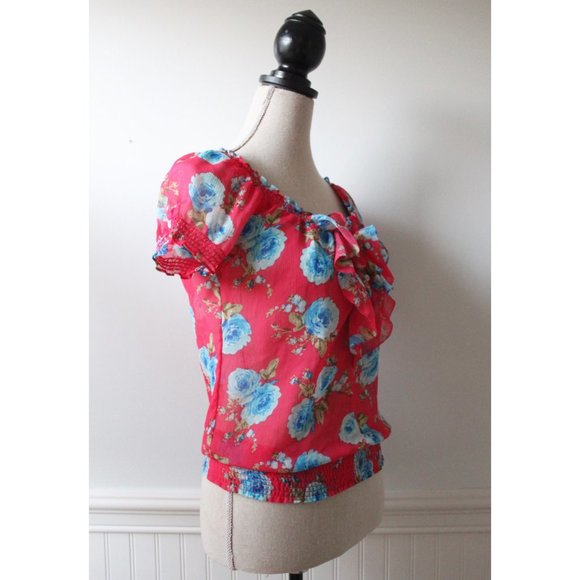 Abercrombie & Fitch Red Blue Floral Ruffle Shirt - Picture 2 of 6